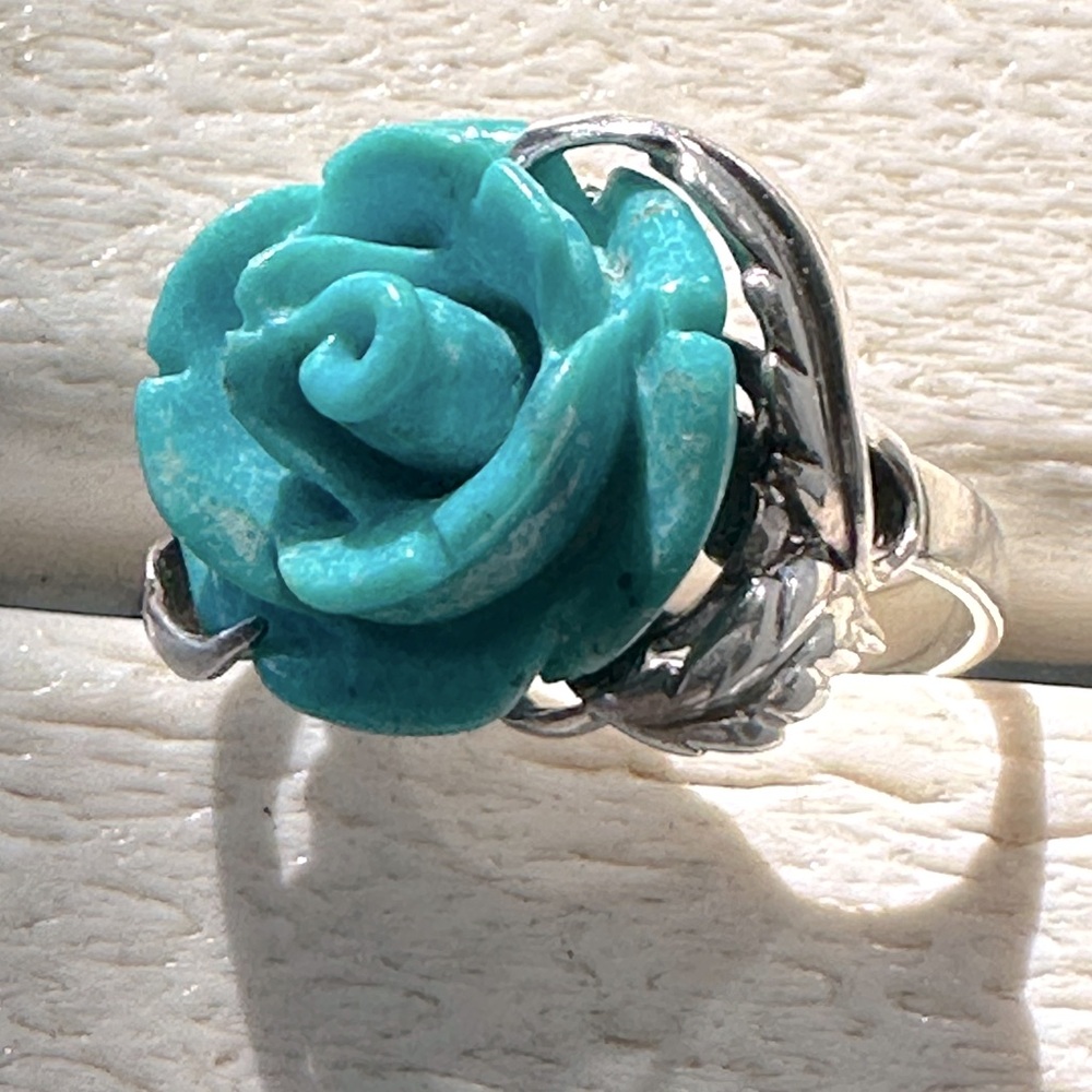Silver Turquoise Tuberose Rose Leaf Twist Ring Size 8